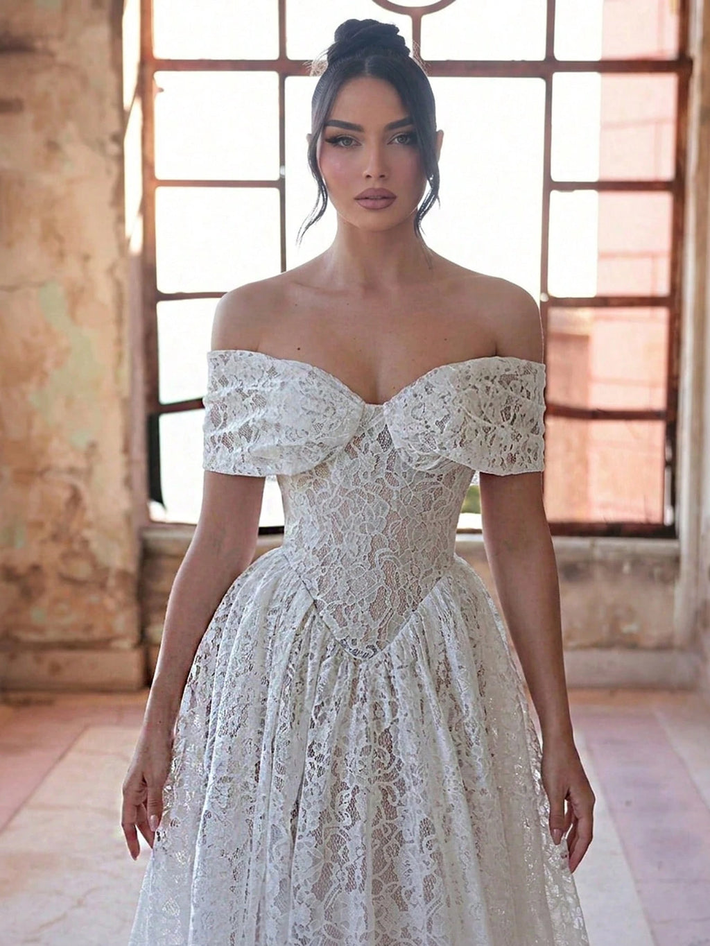 Aureia Elegant White Spring Wedding Party Formal Dress, 3D Lace Off Shoulder Strapless See-Through Mesh - image 2