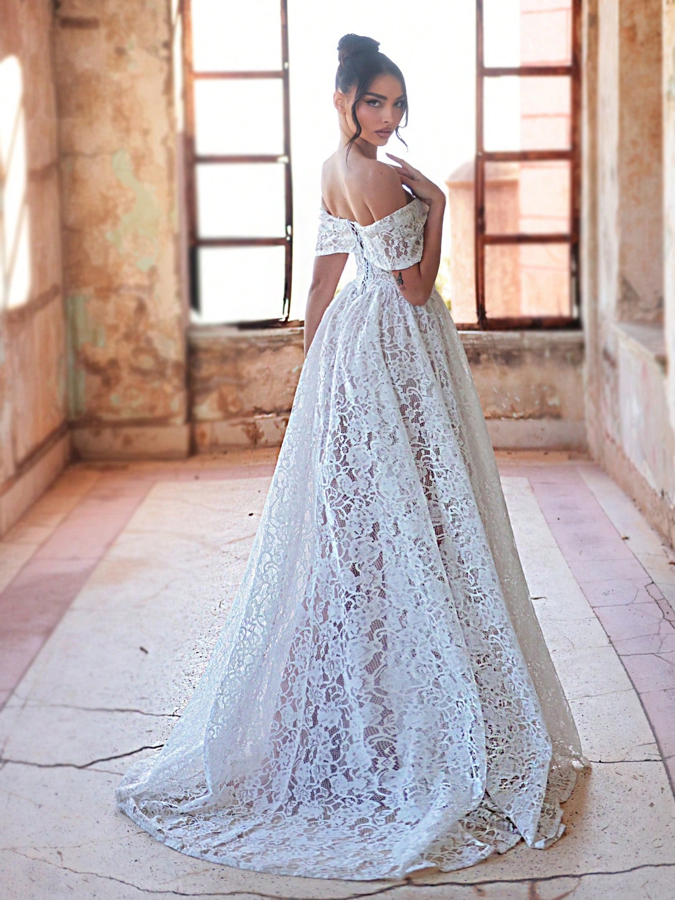 Aureia Elegant White Spring Wedding Party Formal Dress, 3D Lace Off Shoulder Strapless See-Through Mesh - image 3