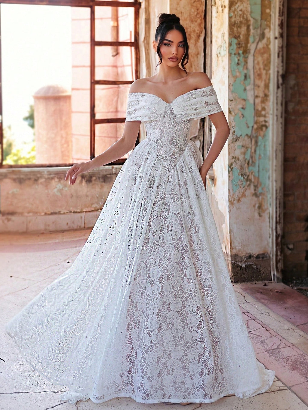 Aureia Elegant White Spring Wedding Party Formal Dress, 3D Lace Off Shoulder Strapless See-Through Mesh - image 7