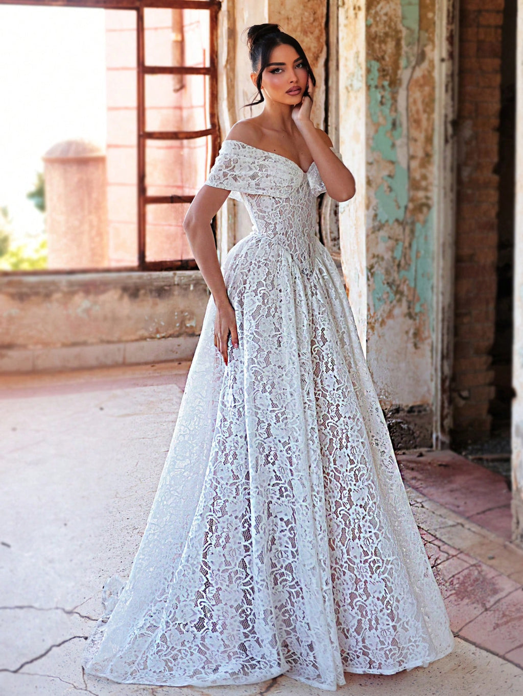 Aureia Elegant White Spring Wedding Party Formal Dress, 3D Lace Off Shoulder Strapless See-Through Mesh - image 6