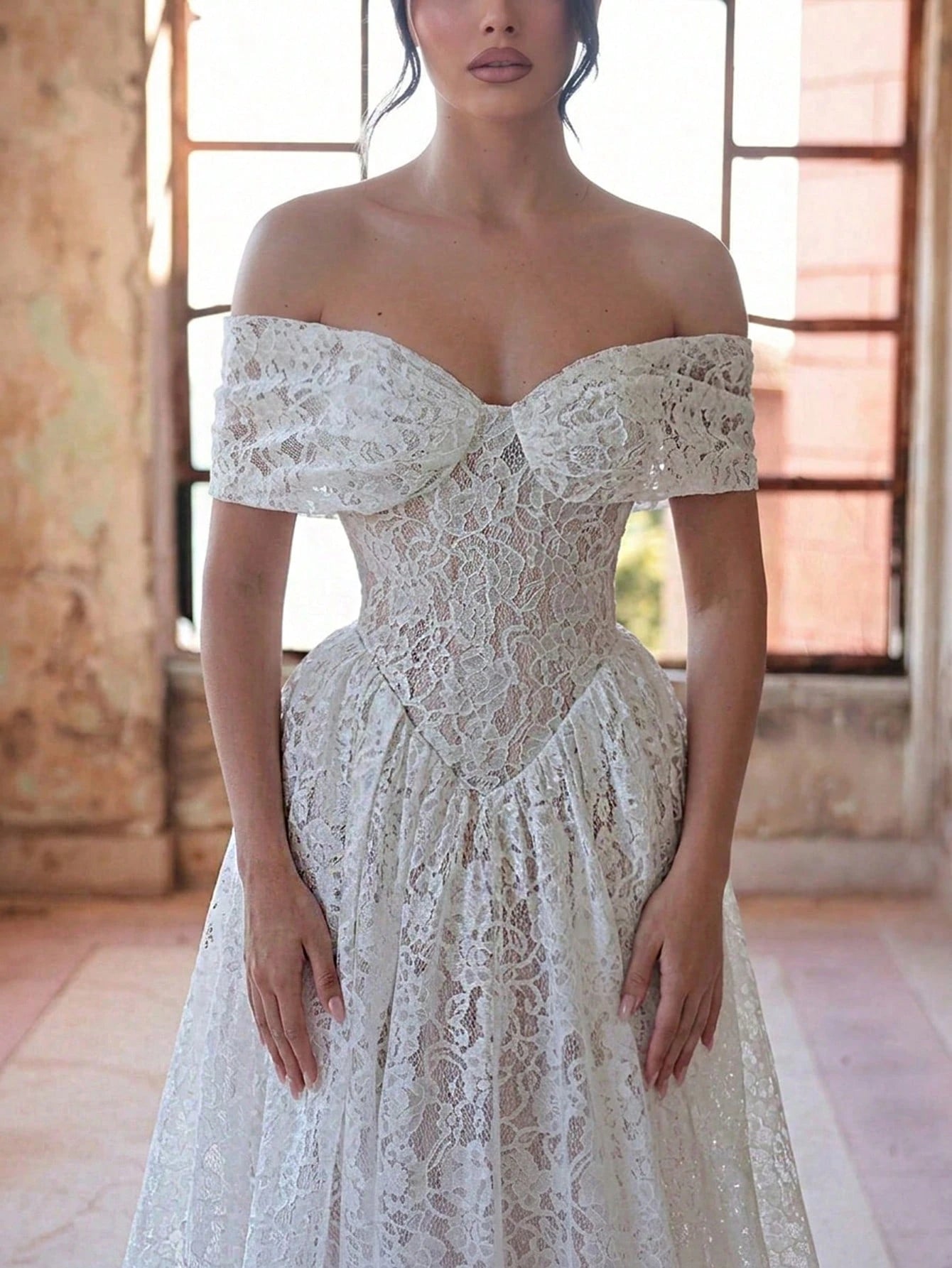 Aureia Elegant White Spring Wedding Party Formal Dress, 3D Lace Off Shoulder Strapless See-Through Mesh - image 5