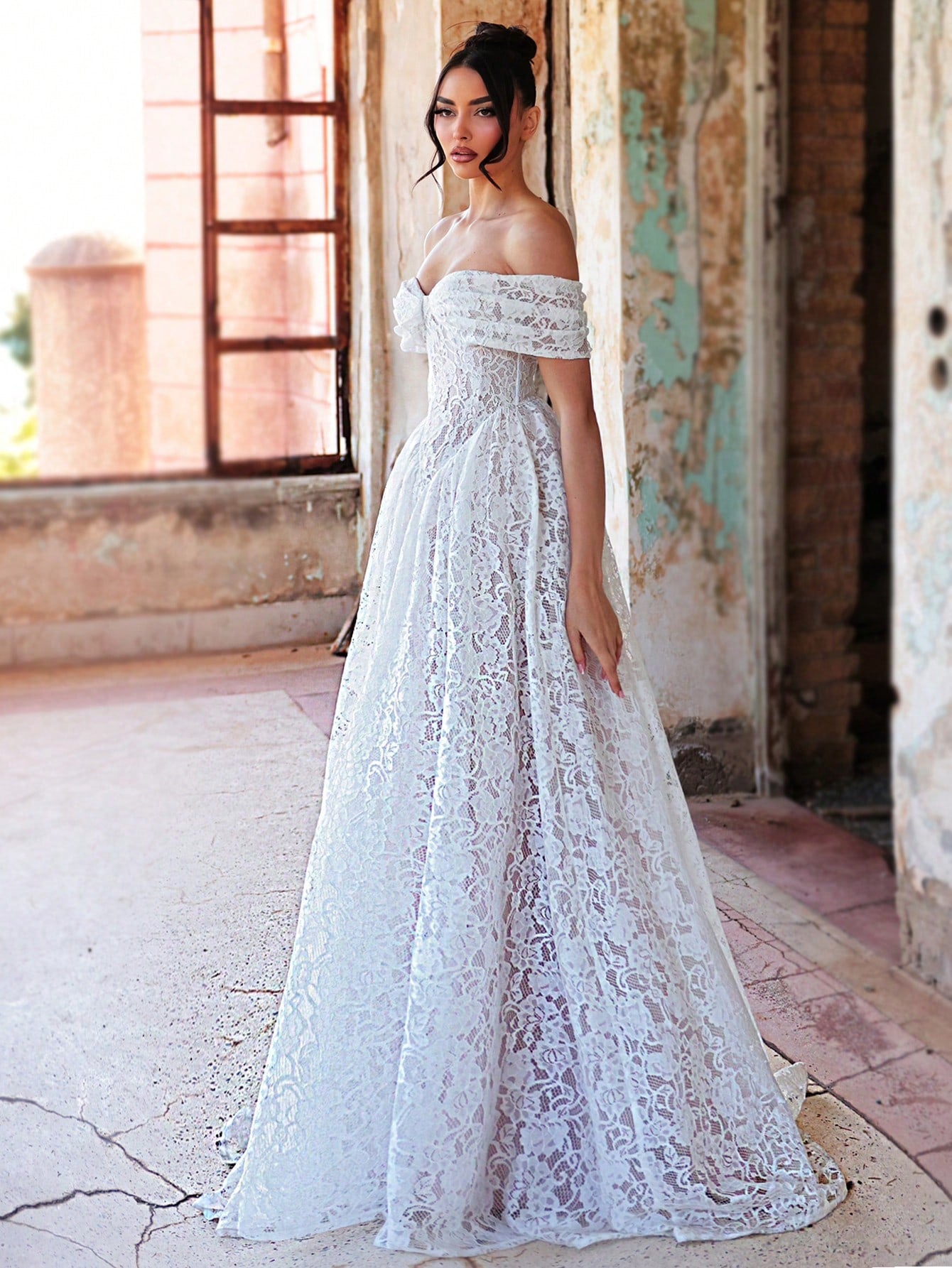 Aureia Elegant White Spring Wedding Party Formal Dress, 3D Lace Off Shoulder Strapless See-Through Mesh - image 8