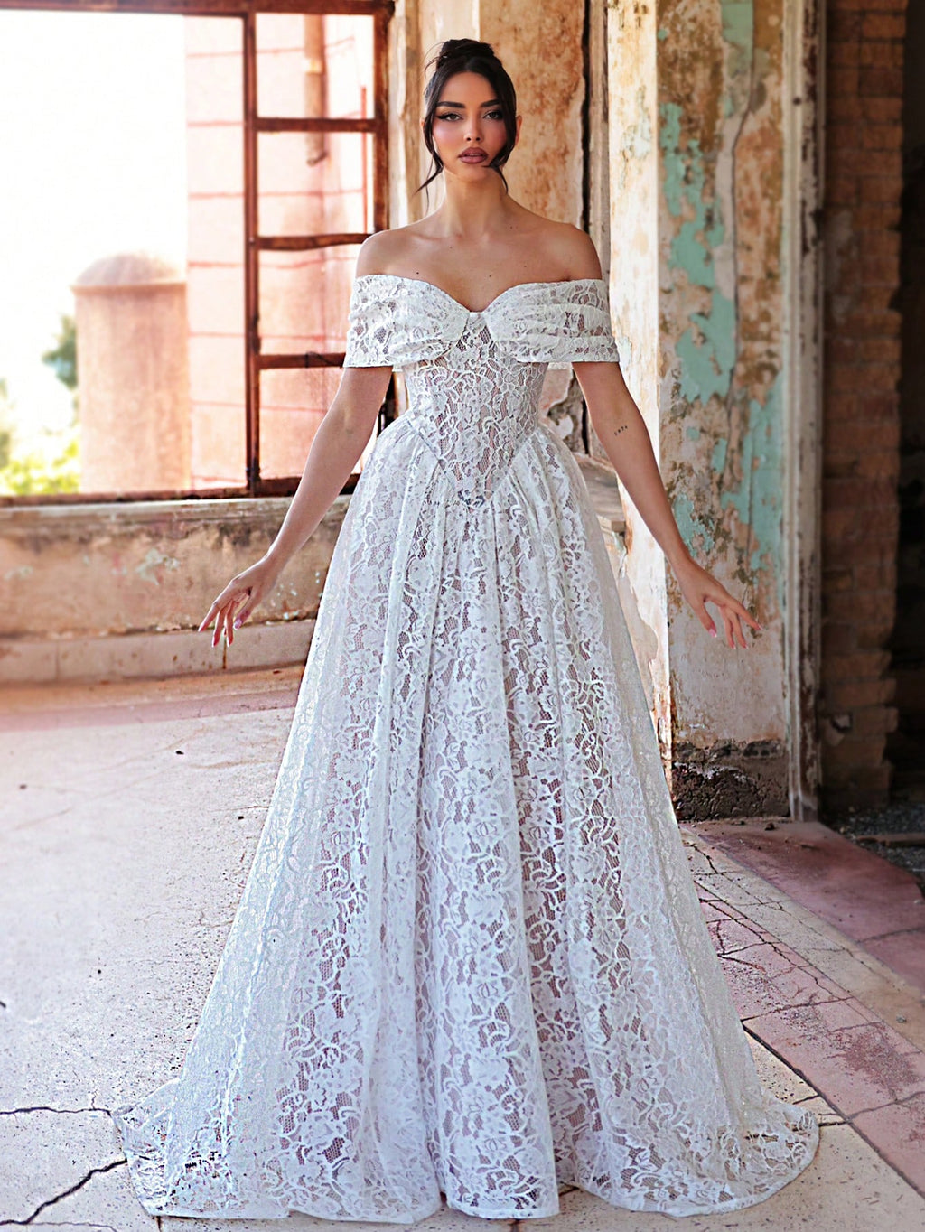 Aureia Elegant White Spring Wedding Party Formal Dress, 3D Lace Off Shoulder Strapless See-Through Mesh