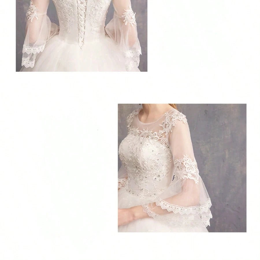 Off-Shoulder Mid-Sleeve Wedding Dress - Elegant Floor-Length Bridal Gown With Bodice & Flowing Train, Wedding - image 3
