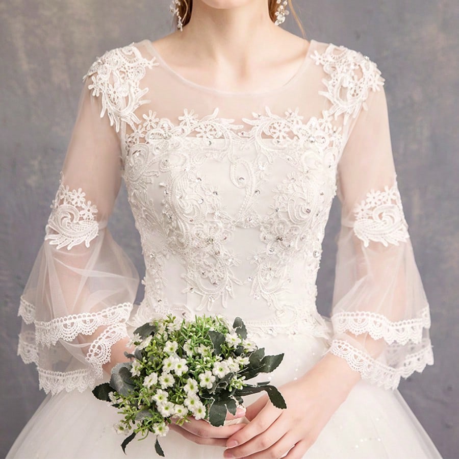 Off-Shoulder Mid-Sleeve Wedding Dress - Elegant Floor-Length Bridal Gown With Bodice & Flowing Train, Wedding - image 2