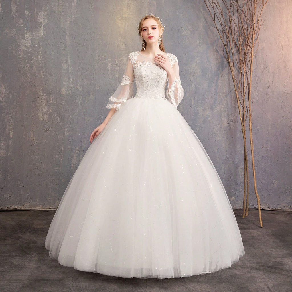 Off-Shoulder Mid-Sleeve Wedding Dress - Elegant Floor-Length Bridal Gown With Bodice & Flowing Train, Wedding
