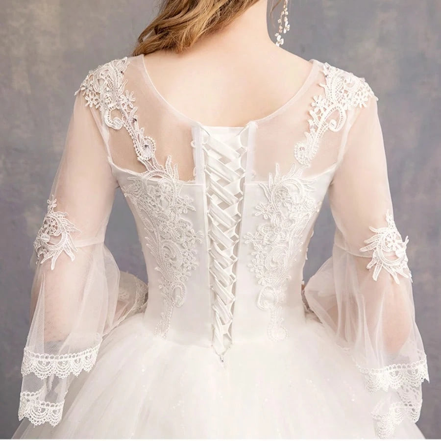 Off-Shoulder Mid-Sleeve Wedding Dress - Elegant Floor-Length Bridal Gown With Bodice & Flowing Train, Wedding - image 5