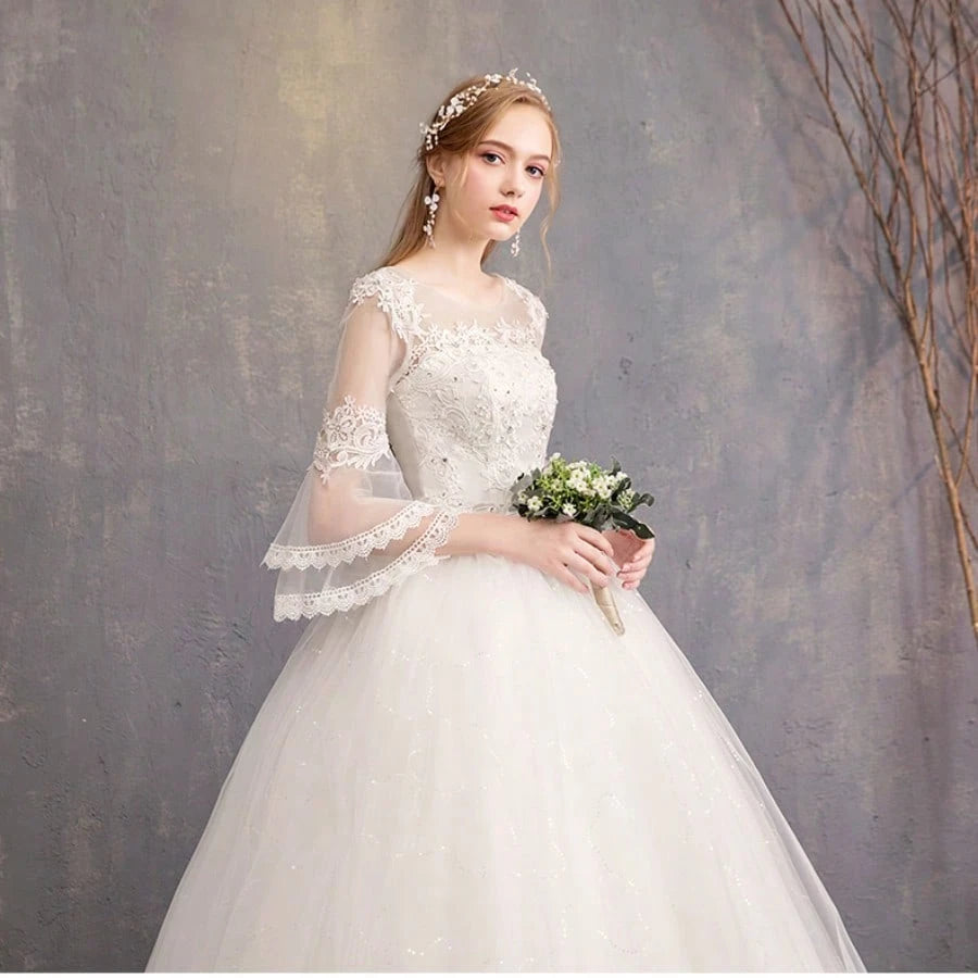 Off-Shoulder Mid-Sleeve Wedding Dress - Elegant Floor-Length Bridal Gown With Bodice & Flowing Train, Wedding - image 4