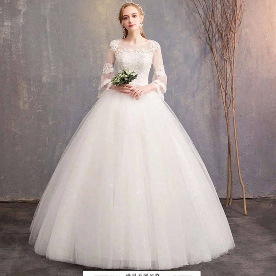Off-Shoulder Mid-Sleeve Wedding Dress - Elegant Floor-Length Bridal Gown With Bodice & Flowing Train, Wedding - image 6