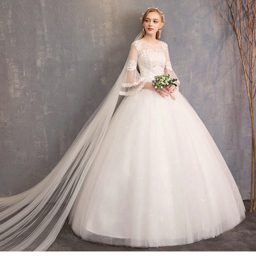 Off-Shoulder Mid-Sleeve Wedding Dress - Elegant Floor-Length Bridal Gown With Bodice & Flowing Train, Wedding - image 8