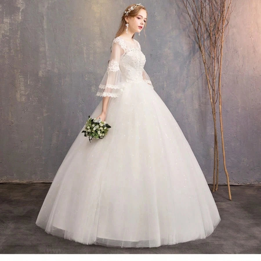 Off-Shoulder Mid-Sleeve Wedding Dress - Elegant Floor-Length Bridal Gown With Bodice & Flowing Train, Wedding - image 7
