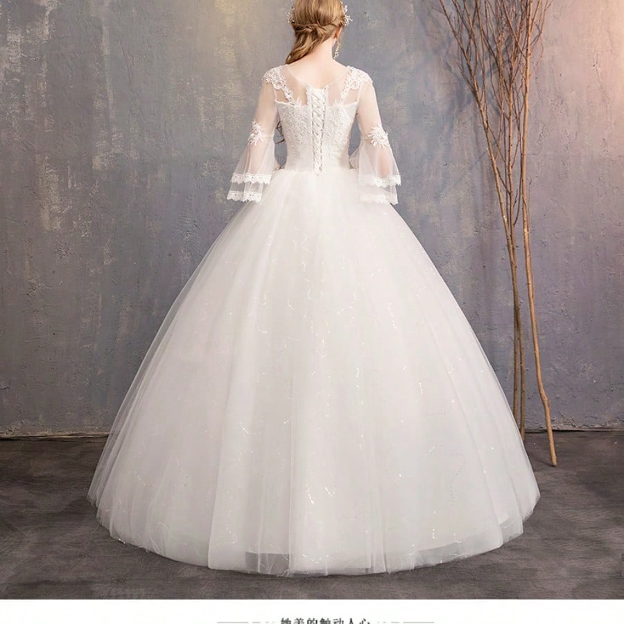 Off-Shoulder Mid-Sleeve Wedding Dress - Elegant Floor-Length Bridal Gown With Bodice & Flowing Train, Wedding - image 9