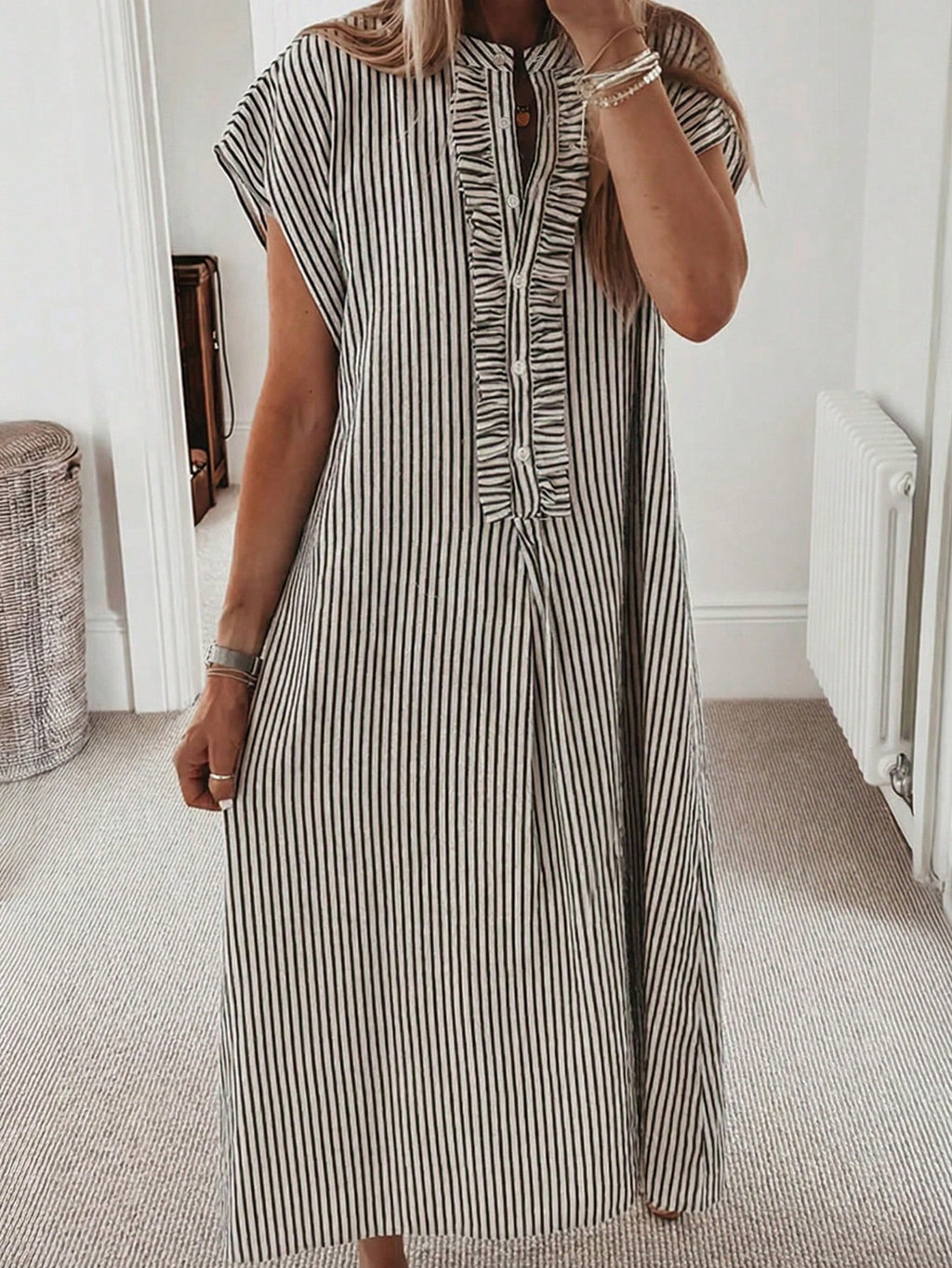 Acelitt Striped Casual Mid-Length Shirt Dress, Women's Black And
