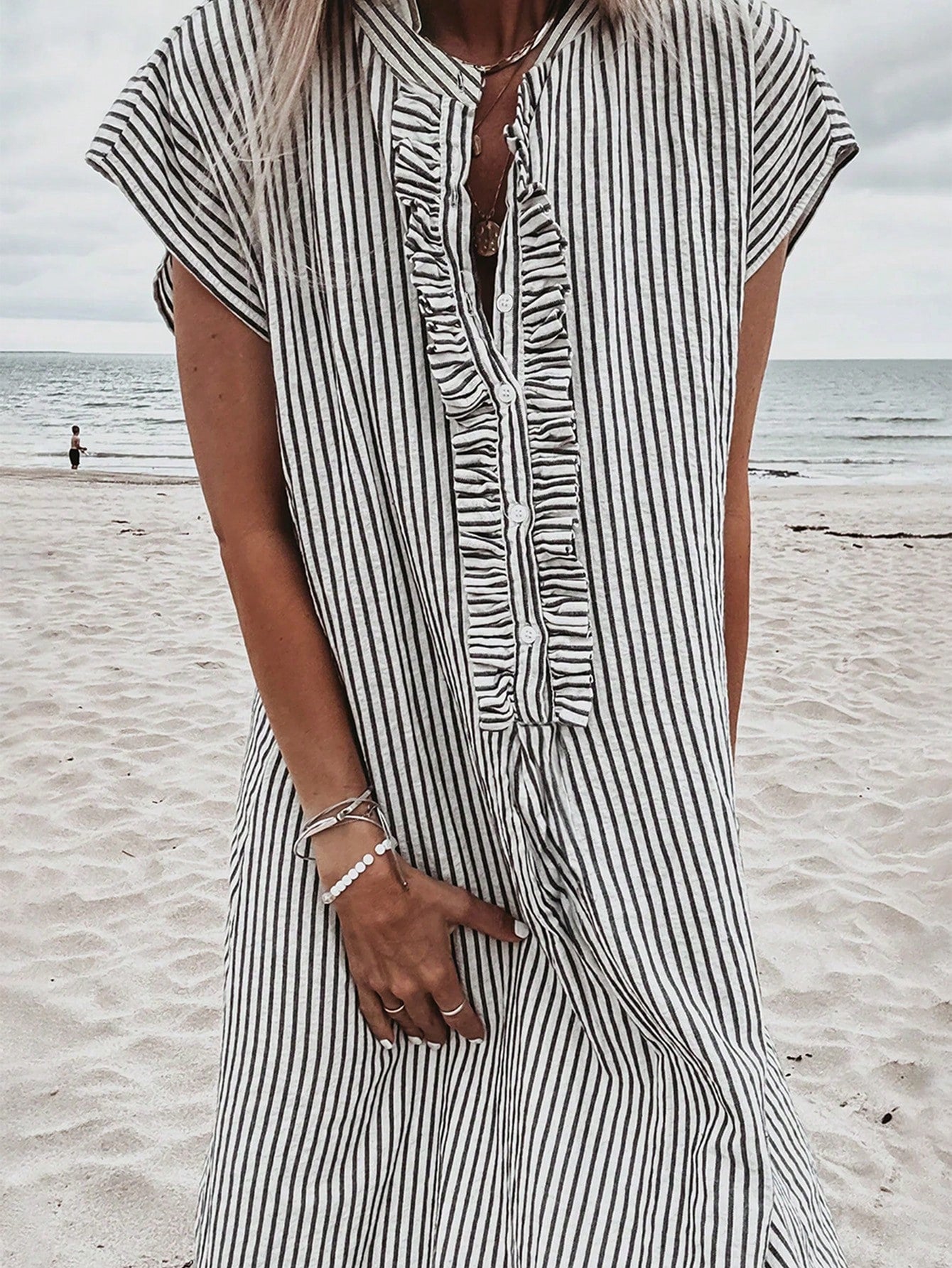 Acelitt Striped Casual Mid-Length Shirt Dress, Women's Black And