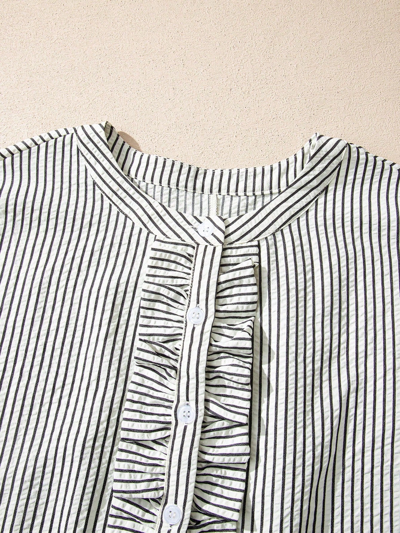 Acelitt Striped Casual Mid-Length Shirt Dress, Women's Black And White Short Sleeve Ruffle Trim Long Shirt - image 5