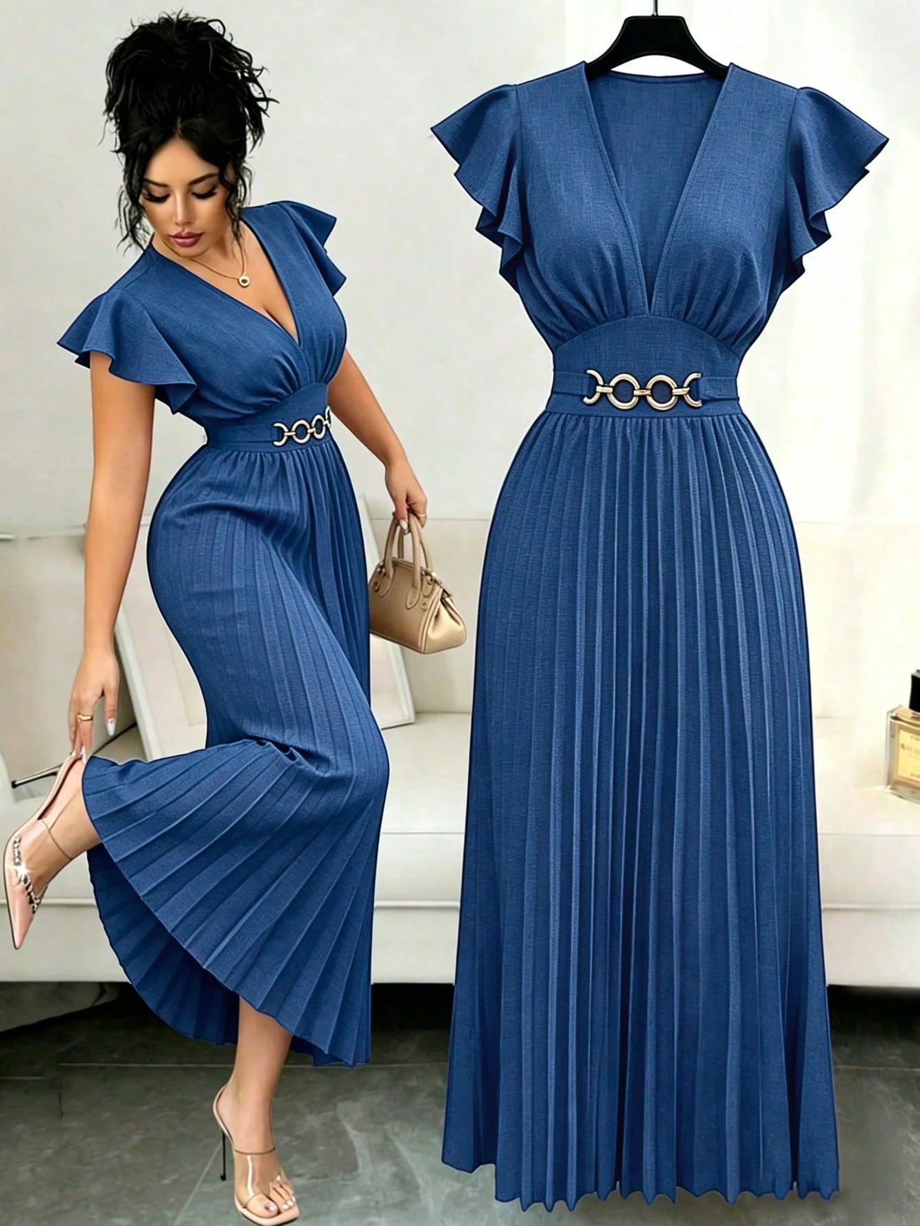 Elenzga New V-Neck Ruffle Sleeve Woven Solid Color Metal Decor