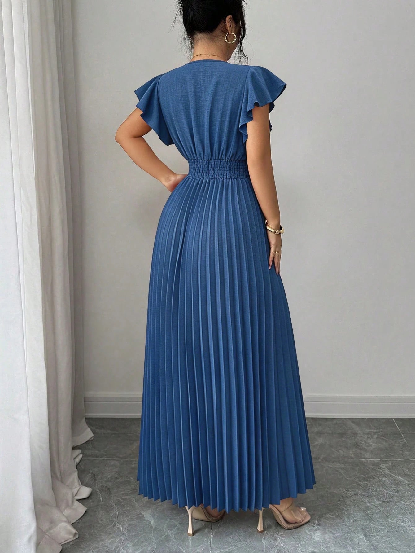 Elenzga New V-Neck Ruffle Sleeve Woven Solid Color Metal Decor