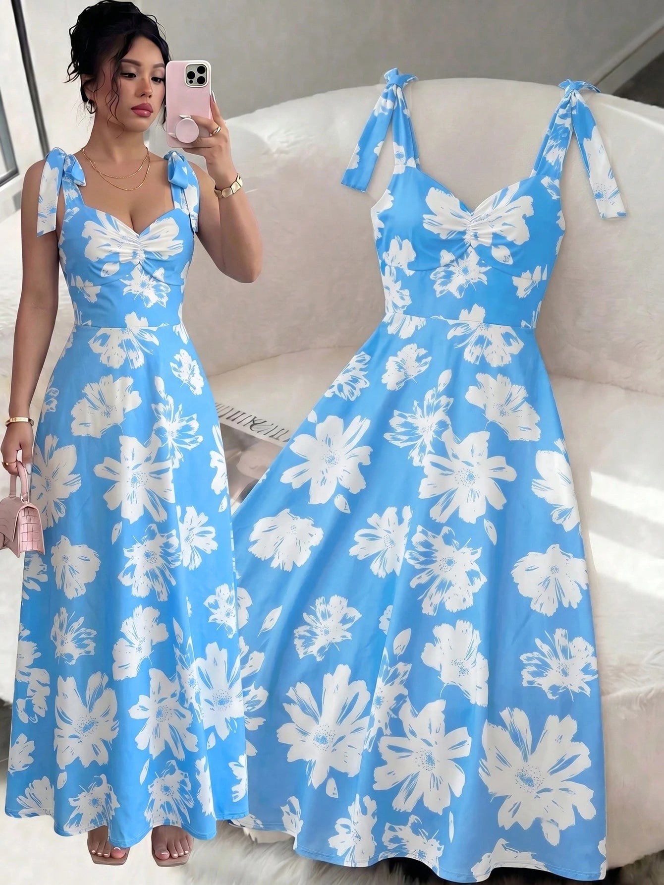 Elenzga Sleeveless Tie-Up Cinched Waist A-Line Elegant Romantic Women