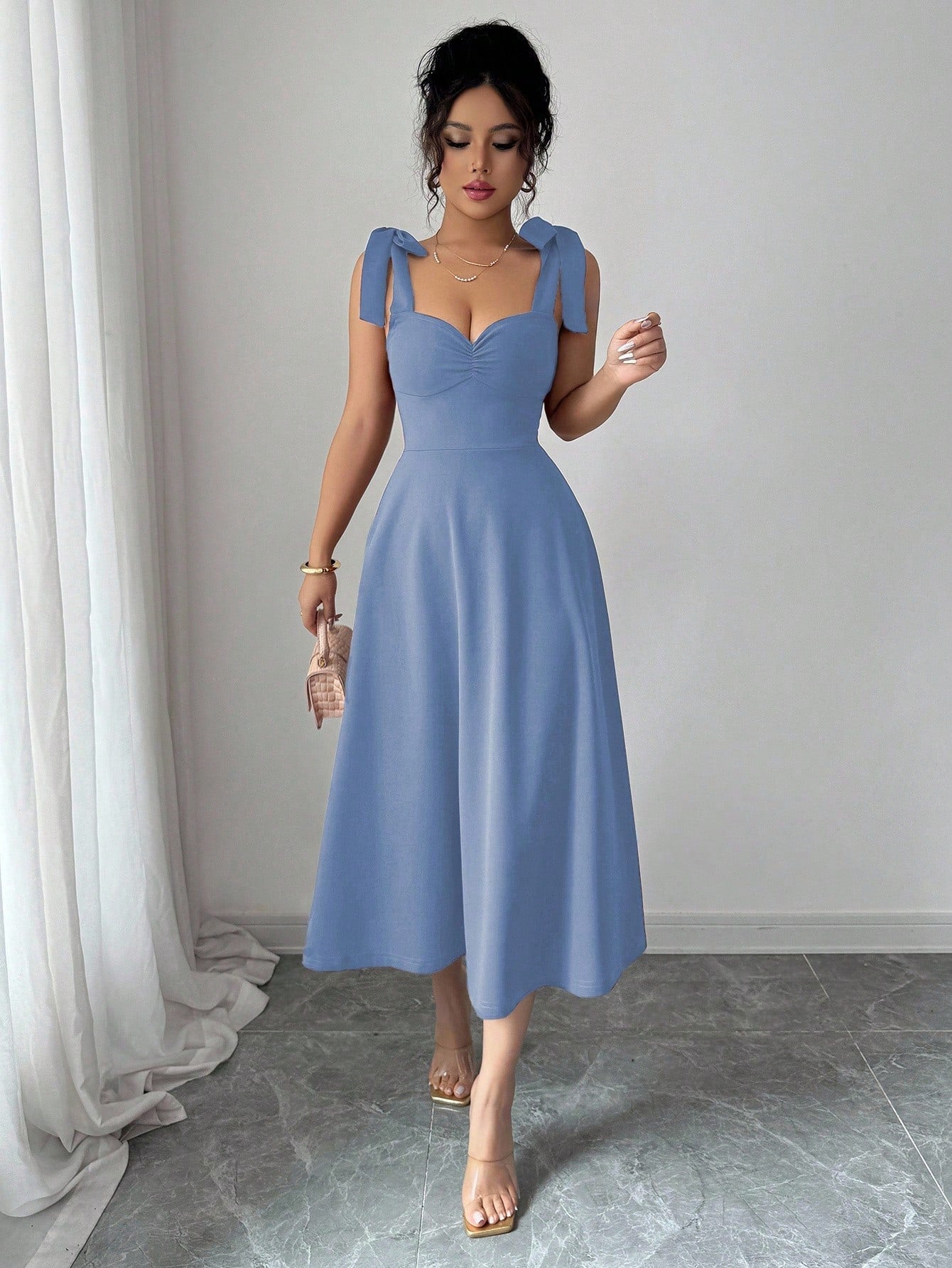 Elenzga Sleeveless Tie-Up Cinched Waist A-Line Elegant Romantic Women