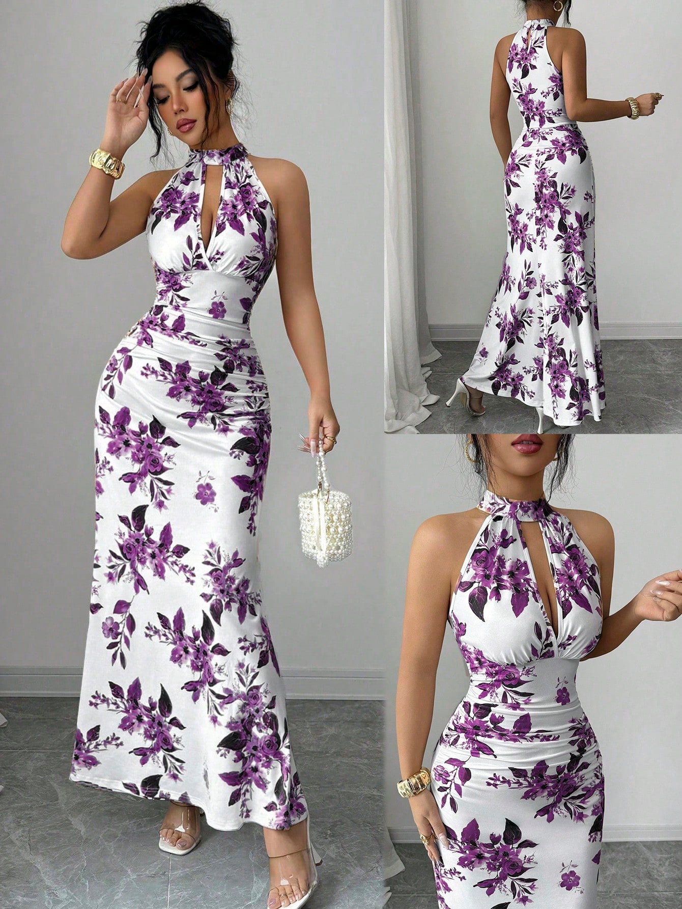Women's Long Ditsy Floral Dress, Waist-Cinching Bodycon Dress,