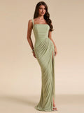 BAE Sage Green Women's Ruched Bandeau Fitted High Slit Dress, Tight