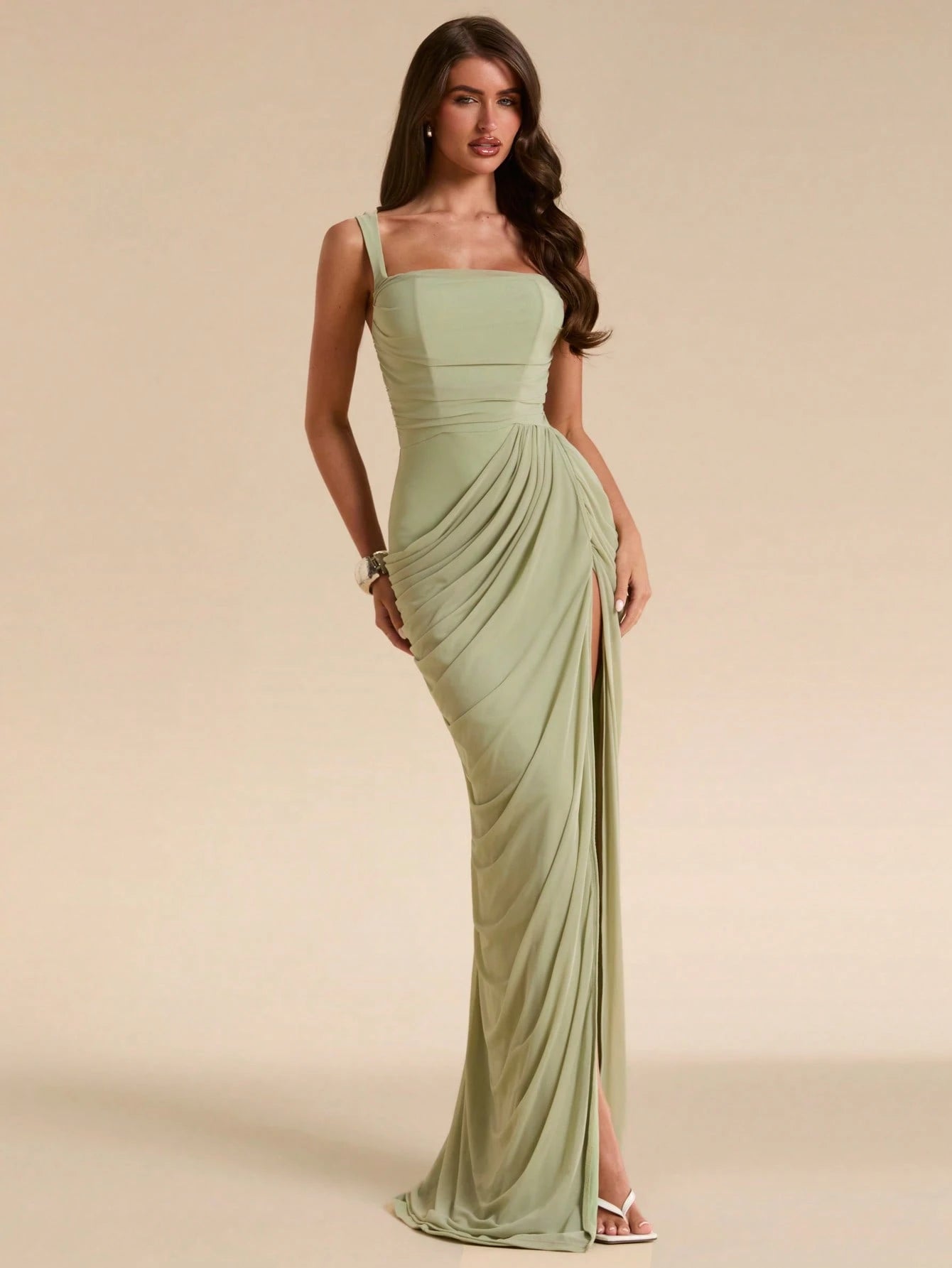 BAE Sage Green Women's Ruched Bandeau Fitted High Slit Dress, Tight Elegant Flowing Suitable For Vacation,