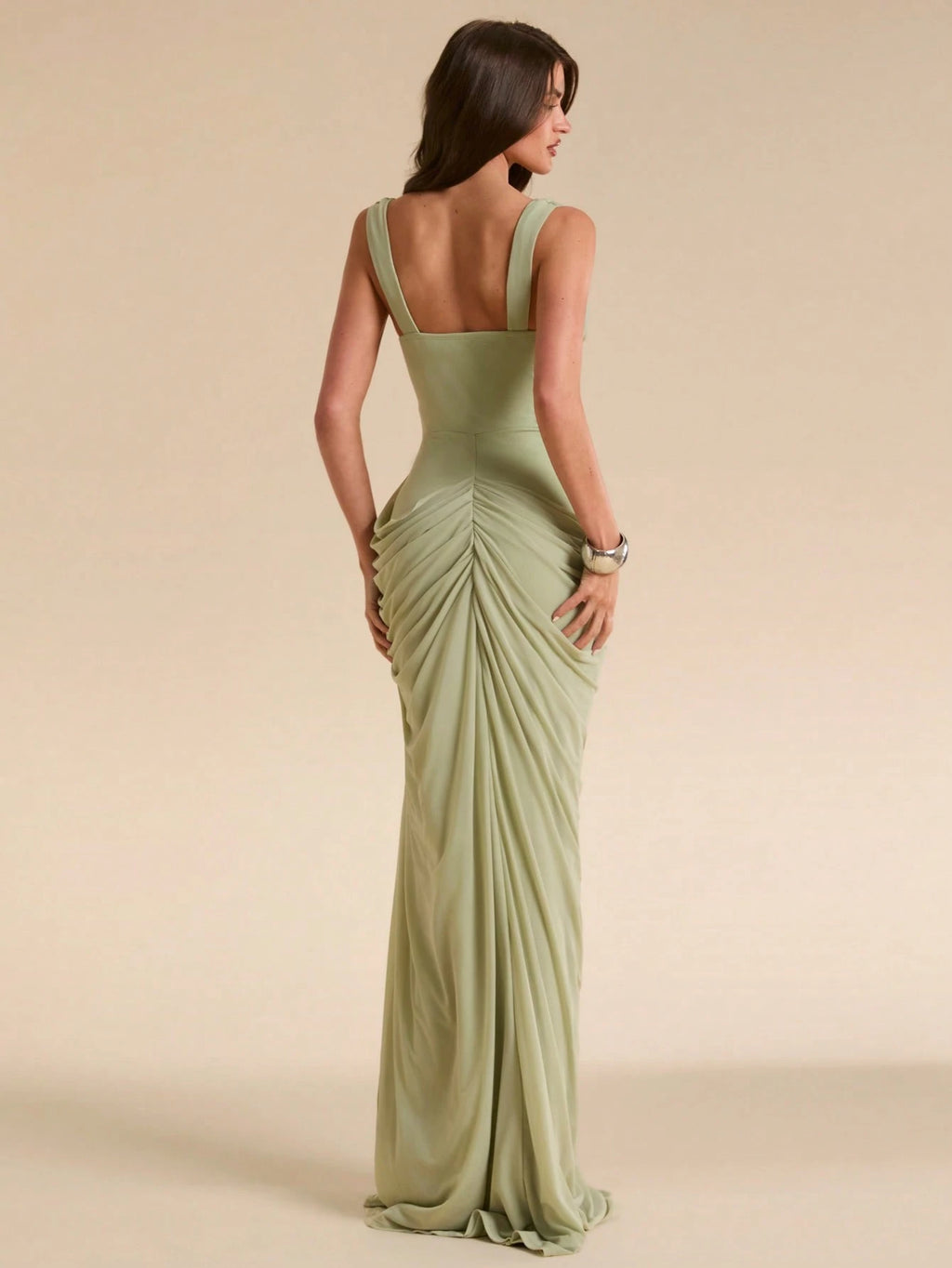 BAE Sage Green Women's Ruched Bandeau Fitted High Slit Dress, Tight