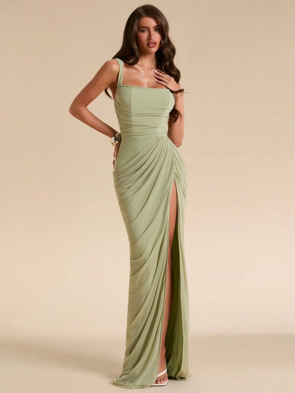 BAE Sage Green Women's Ruched Bandeau Fitted High Slit Dress, Tight