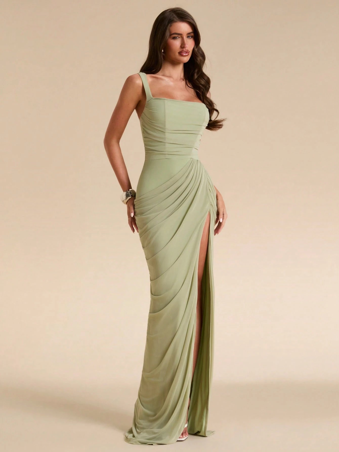 BAE Sage Green Women's Ruched Bandeau Fitted High Slit Dress, Tight