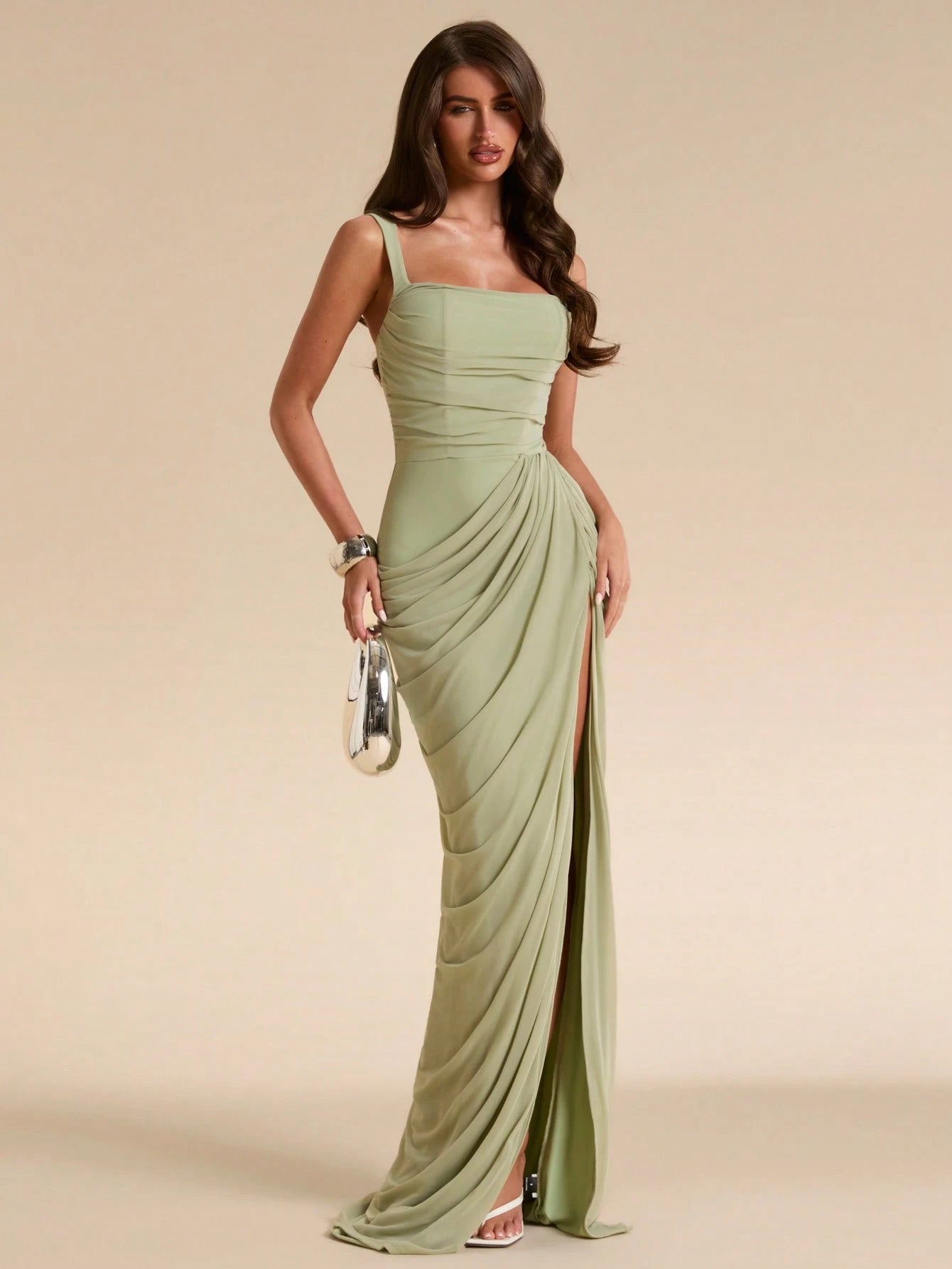 BAE Sage Green Women's Ruched Bandeau Fitted High Slit Dress, Tight