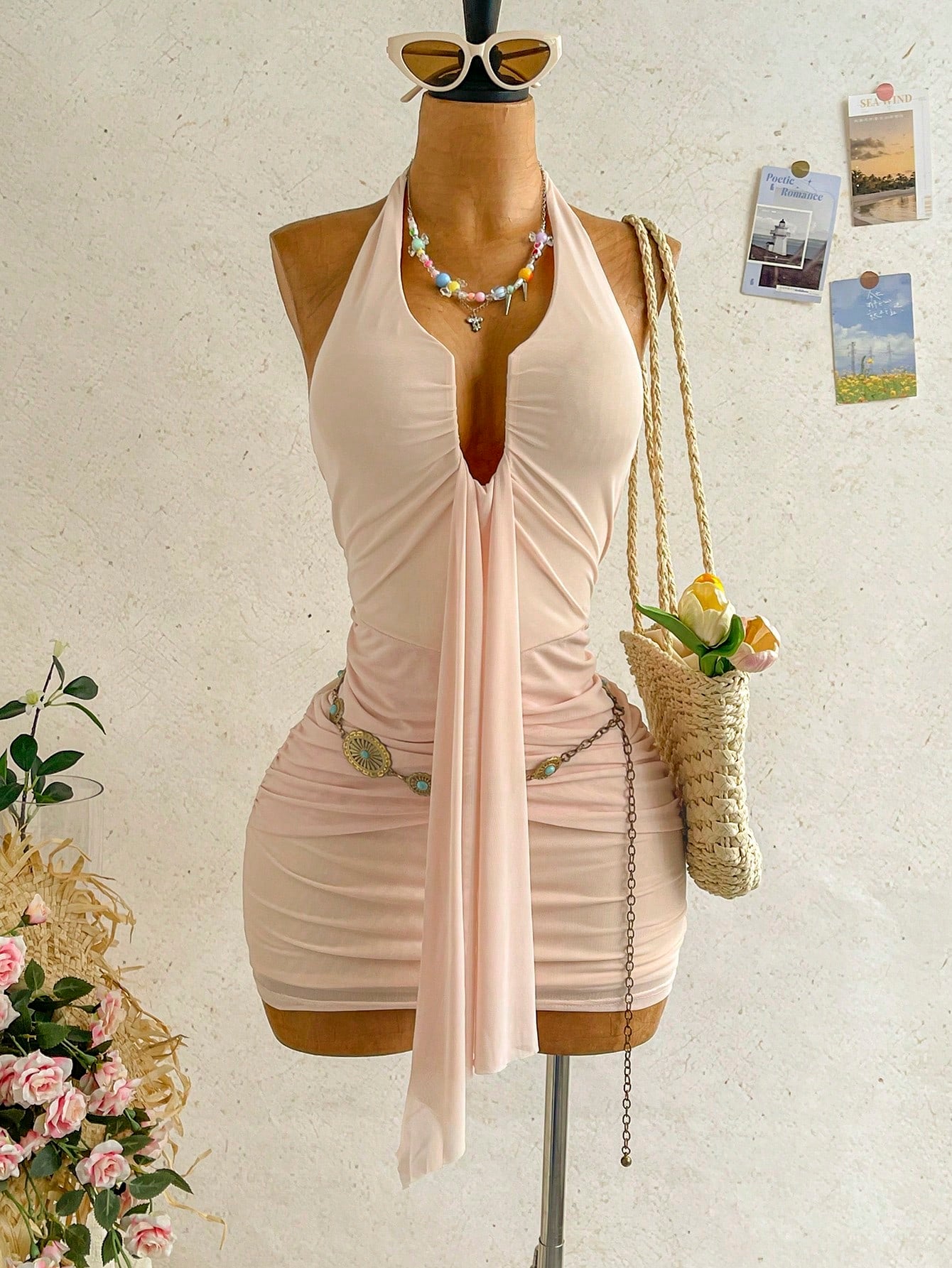 Ure Wave Women's Casual Vacation Sexy Ribbon Halter Bowknot Ruched Bodycon Dress, Suitable For Beach, Cruise,