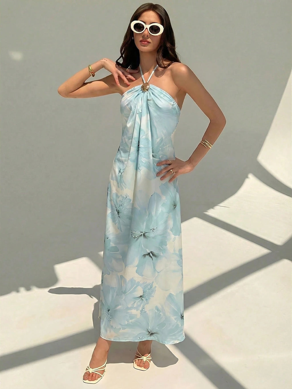 Aloruh New Champagne Backless Pleated Minimalist Long Dress, Metal Ball Decor, Oversized Flattering - image 4
