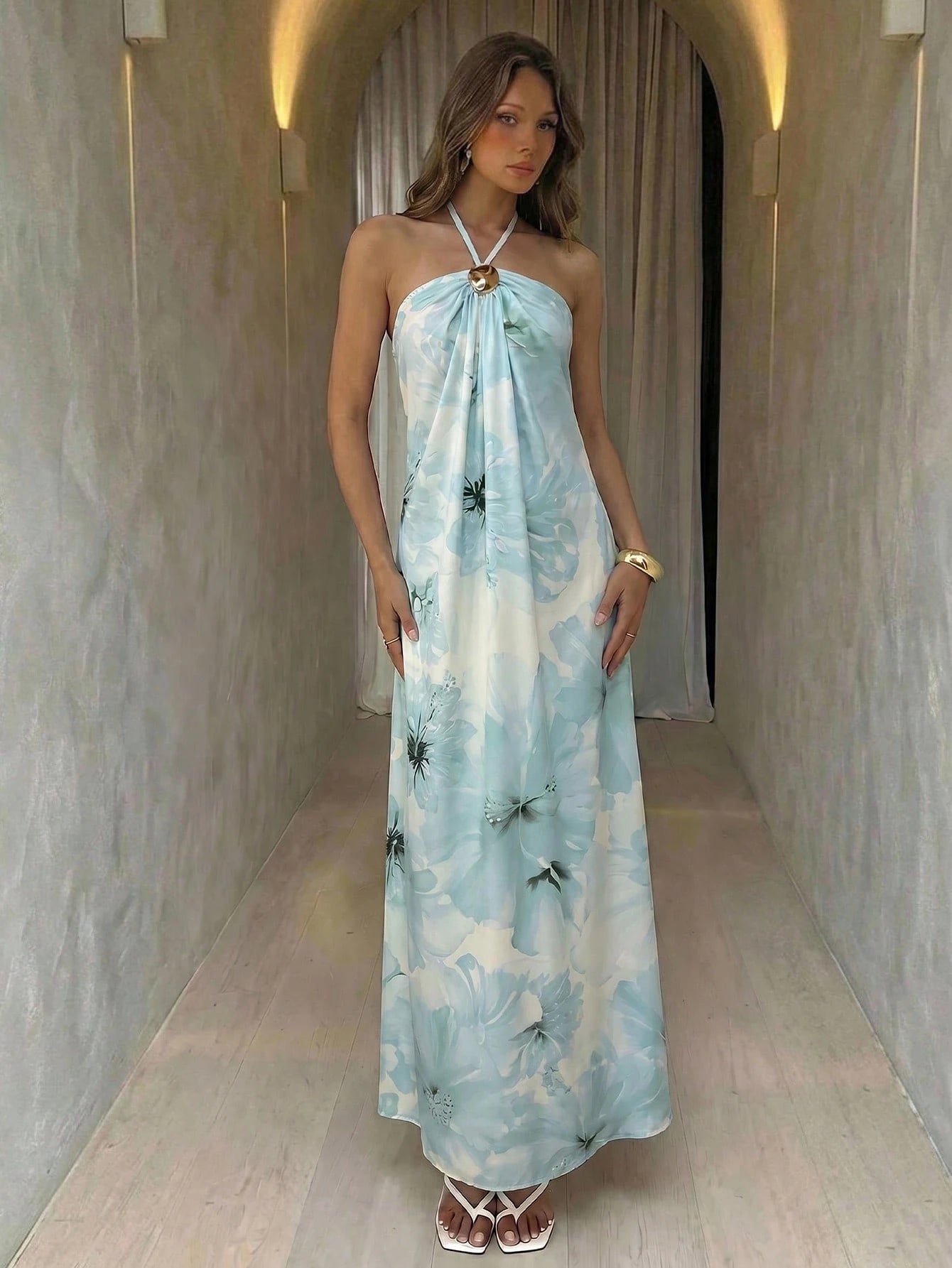 Aloruh New Champagne Backless Pleated Minimalist Long Dress, Metal Ball Decor, Oversized Flattering - image 7