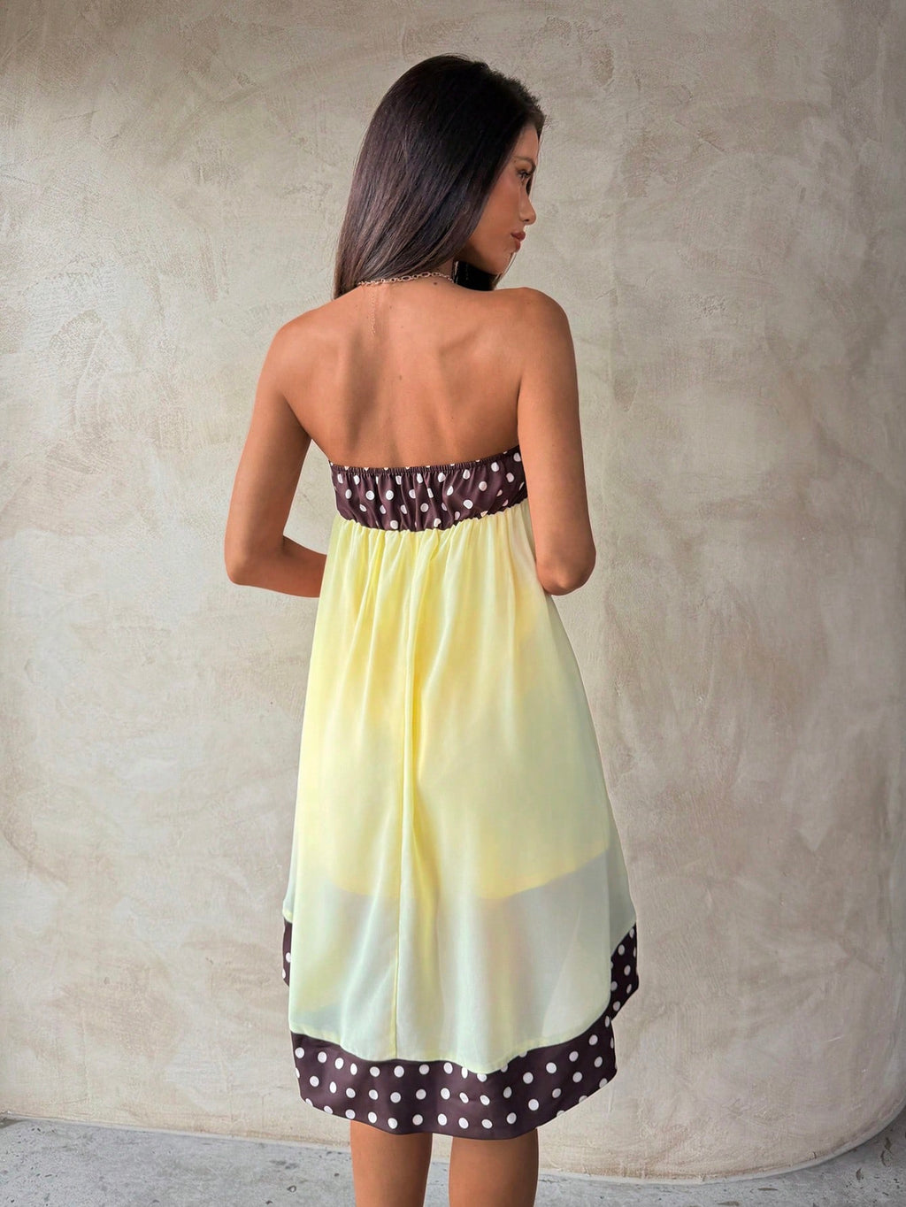 Aloruh Women's Polka Dot Patchwork Strapless Mini Dress Vacation Brown And Yellow Polka Dot Summer Boho - image 5