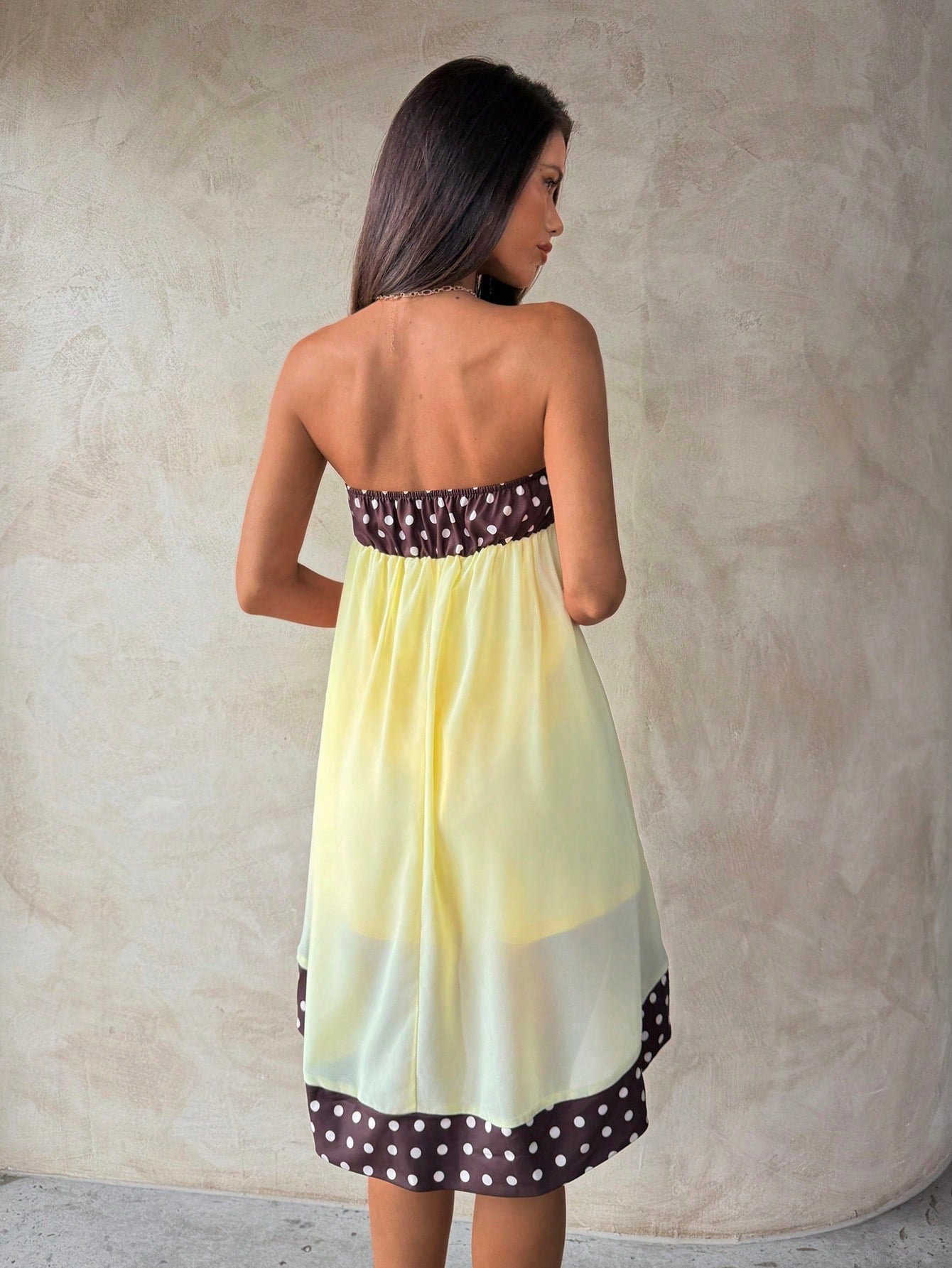 Aloruh Women's Polka Dot Patchwork Strapless Mini Dress Vacation Brown And Yellow Polka Dot Summer Boho - image 5