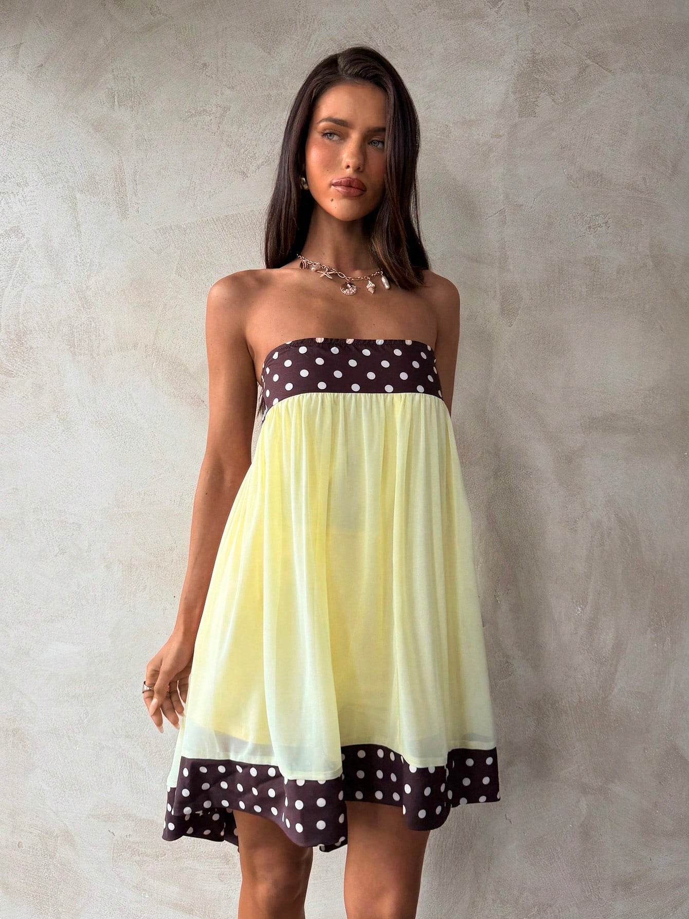 Aloruh Women's Polka Dot Patchwork Strapless Mini Dress Vacation Brown And Yellow Polka Dot Summer Boho - image 3