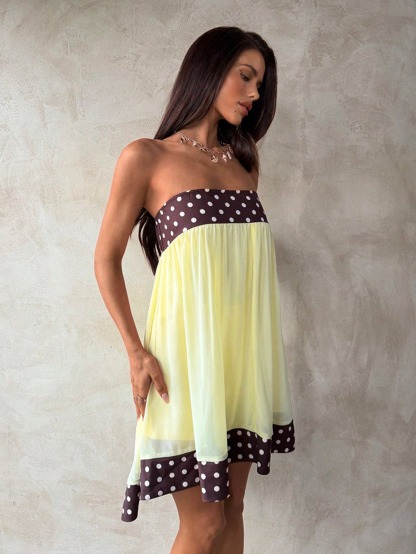 Aloruh Women's Polka Dot Patchwork Strapless Mini Dress Vacation Brown And Yellow Polka Dot Summer Boho - image 4