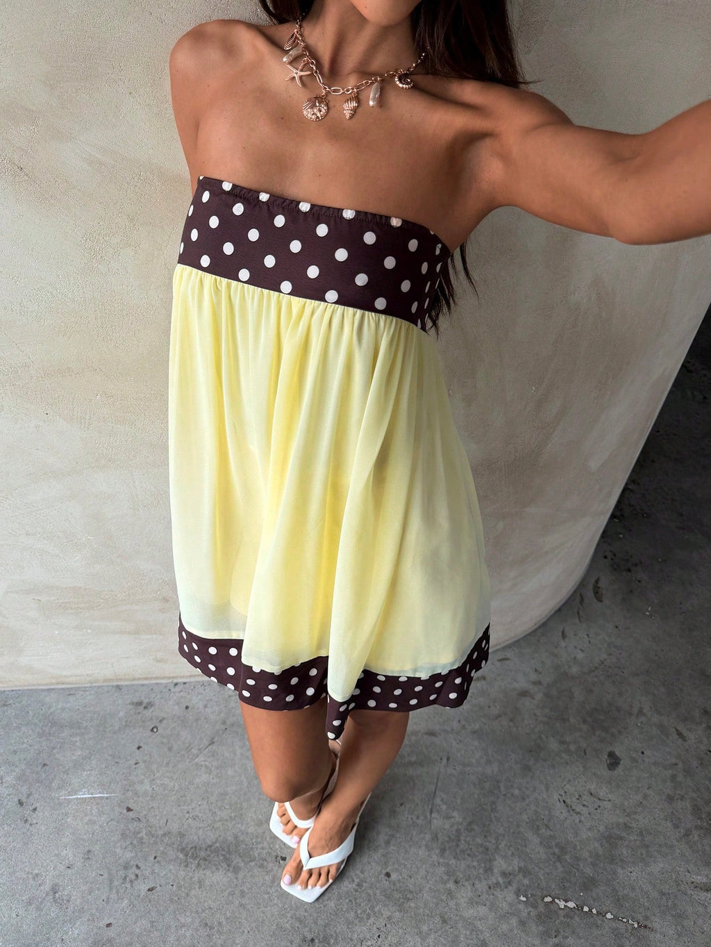Aloruh Women's Polka Dot Patchwork Strapless Mini Dress Vacation Brown And Yellow Polka Dot Summer Boho - image 2