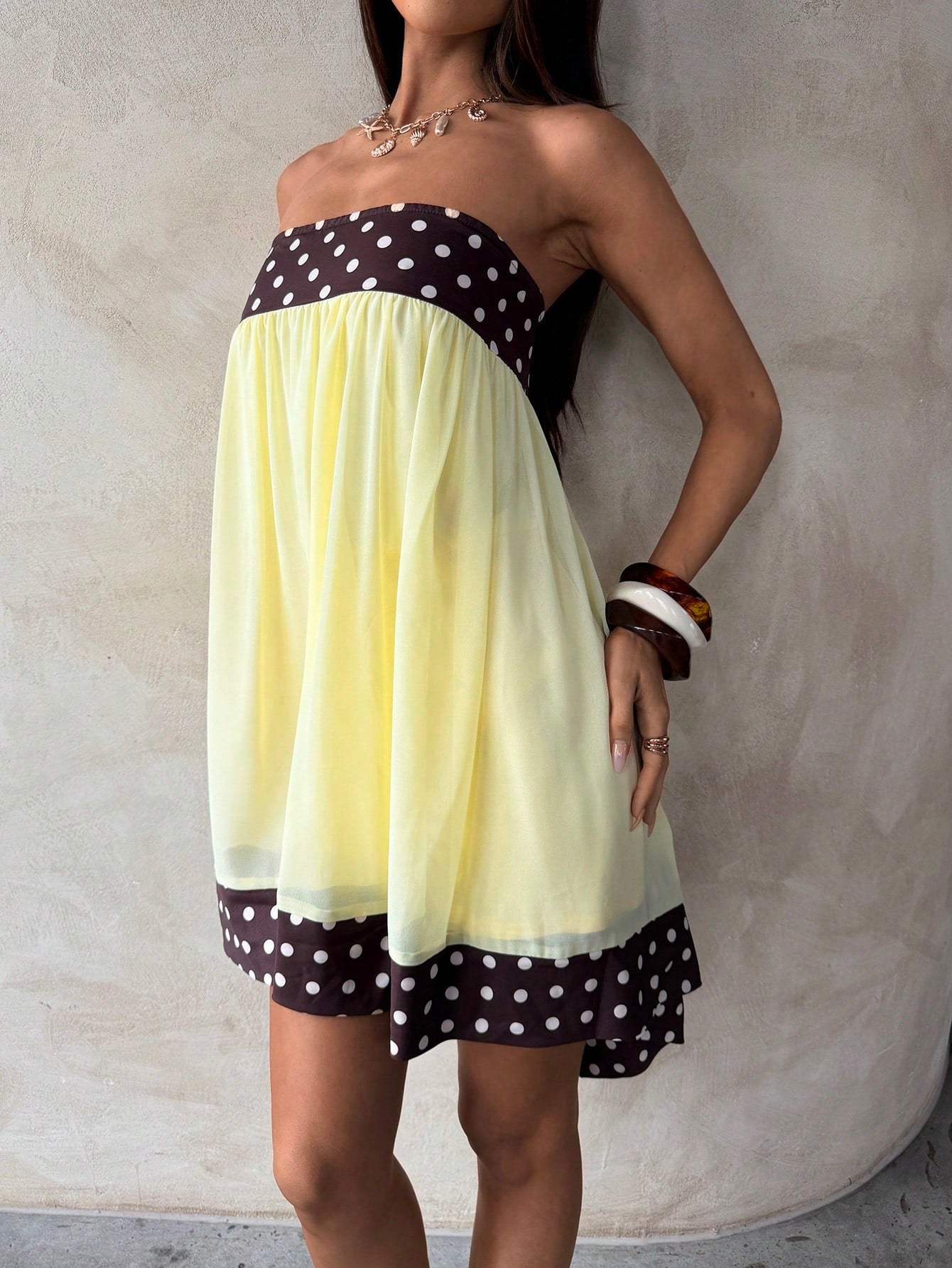 Aloruh Women's Polka Dot Patchwork Strapless Mini Dress Vacation Brown And Yellow Polka Dot Summer Boho - image 8