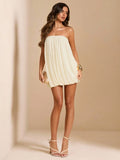 BAE Apricot Solid Color Strapless Mesh Puff Mini Dress, Elegant Sexy