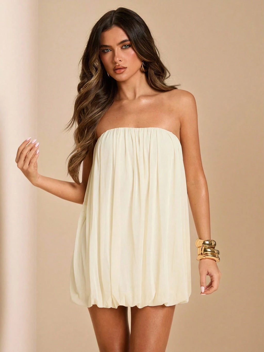 BAE Apricot Solid Color Strapless Mesh Puff Mini Dress, Elegant Sexy