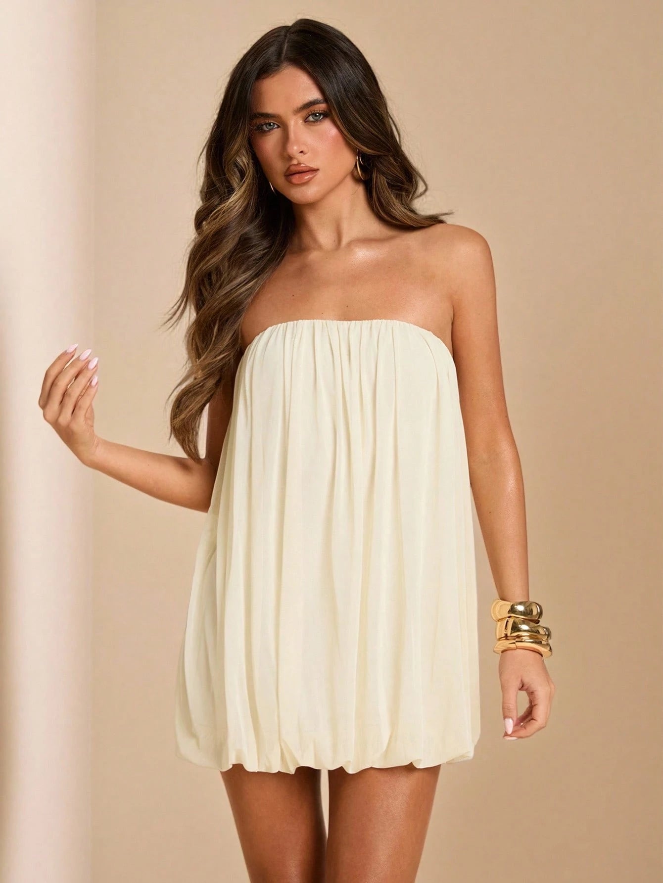BAE Apricot Solid Color Strapless Mesh Puff Mini Dress, Elegant Sexy