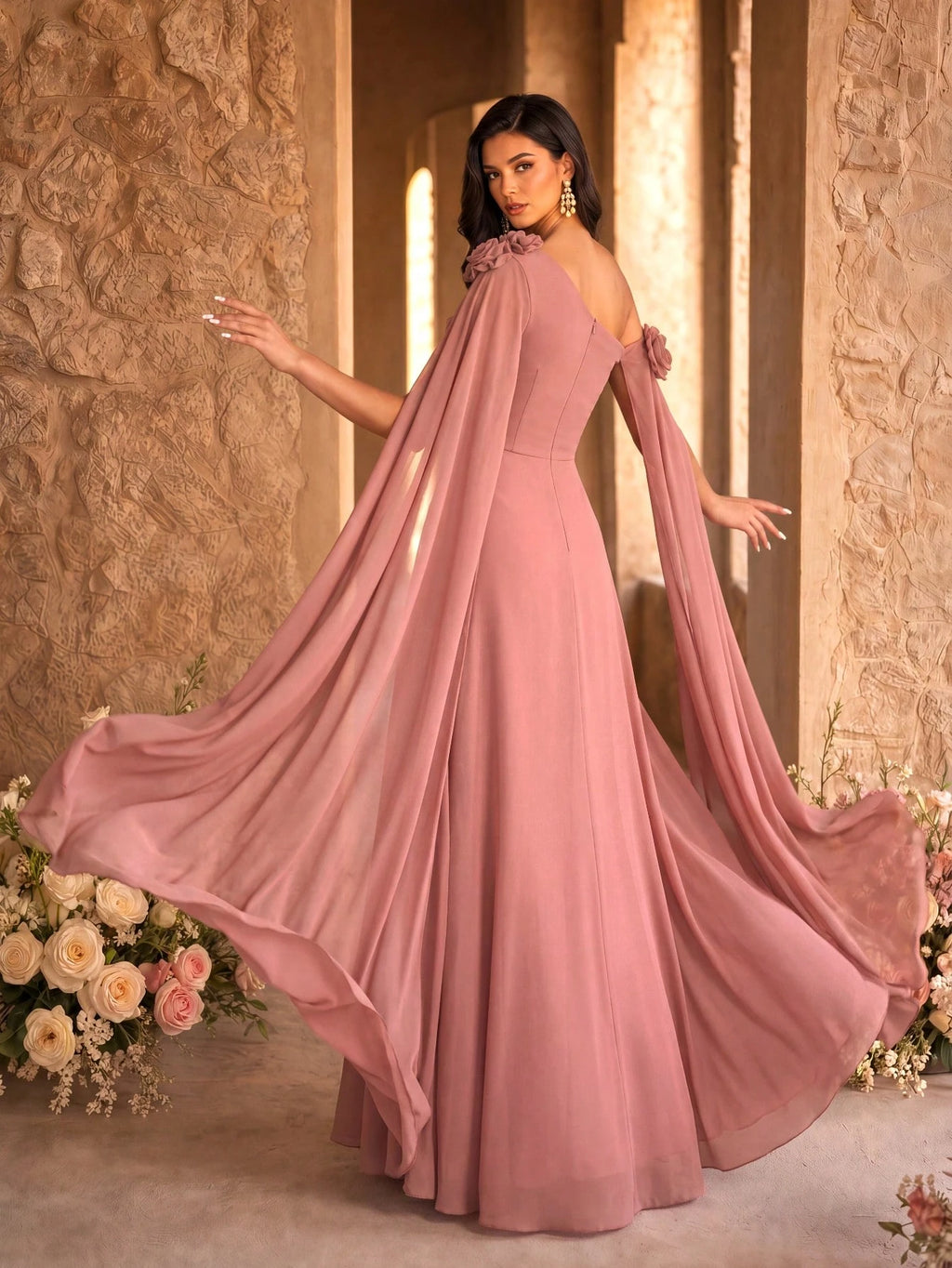 SUPGIR Asymmetrical Neck Floral Decor Extra Long Draped Waist Pleat Chiffon Dress, Bridesmaid Dress Wedding - image 19