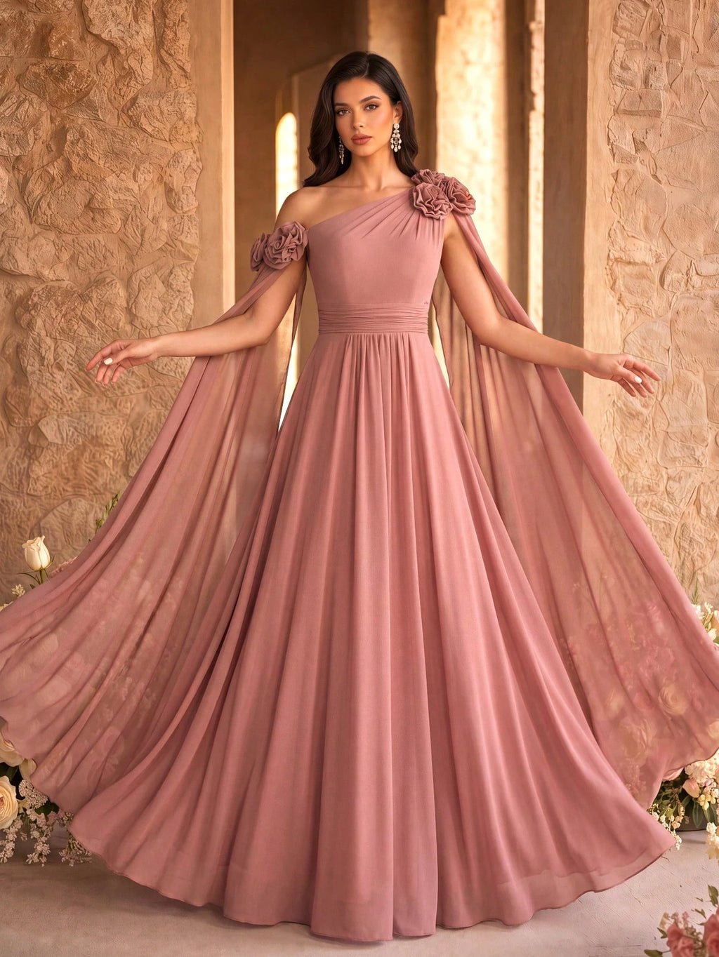 SUPGIR Asymmetrical Neck Floral Decor Long Flounce Waist Maxi Chiffon Dress, Bridesmaid Dress Wedding Elegant