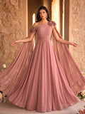 SUPGIR Asymmetrical Neck Floral Decor Long Flounce Waist Maxi Chiffon Dress, Bridesmaid Dress Wedding Elegant