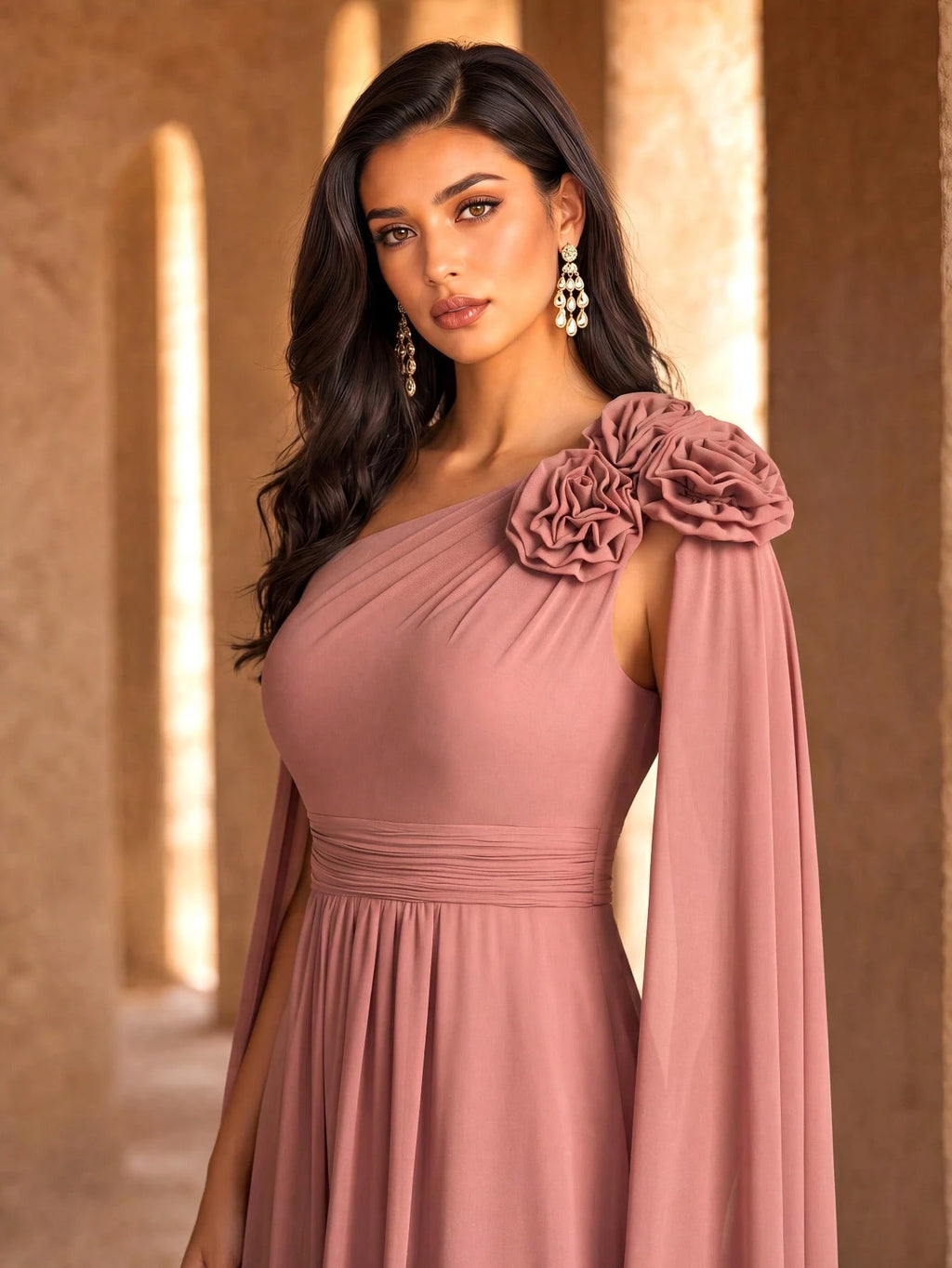 SUPGIR Asymmetrical Neck Floral Decor Extra Long Draped Waist Pleat Chiffon Dress, Bridesmaid Dress Wedding - image 20