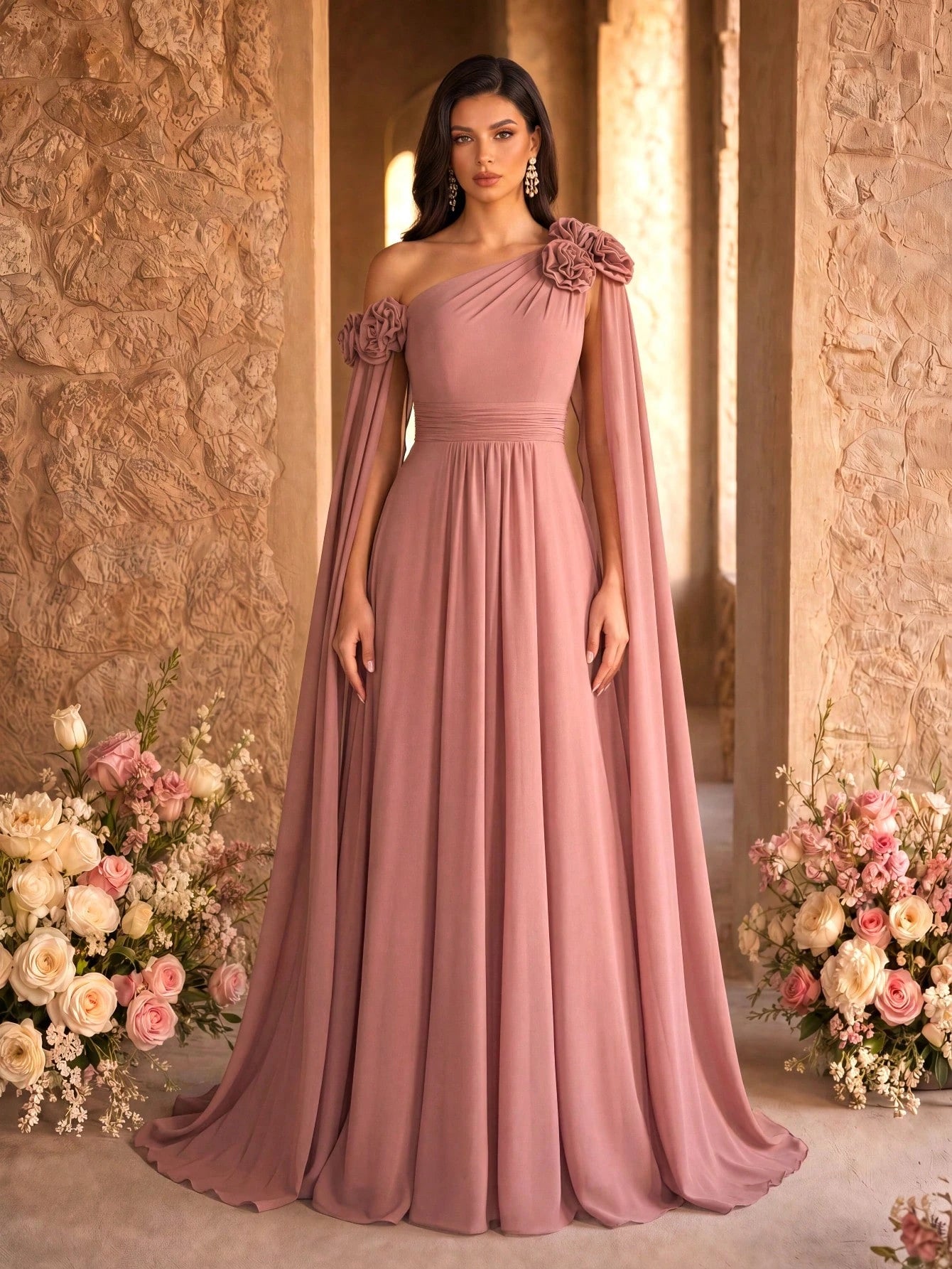 SUPGIR Asymmetrical Neck Floral Decor Long Flounce Waist Maxi Chiffon Dress, Bridesmaid Dress Wedding Elegant - image 5