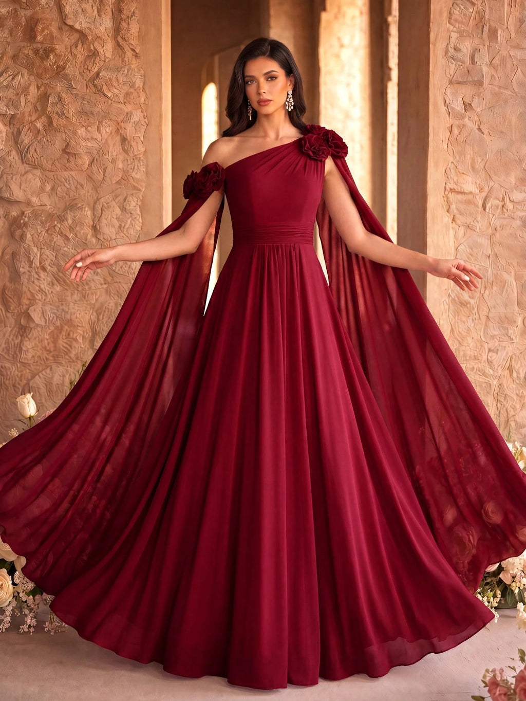 SUPGIR Asymmetrical Neck Floral Decor Extra Long Draped Waist Pleat Chiffon Dress, Bridesmaid Dress Wedding