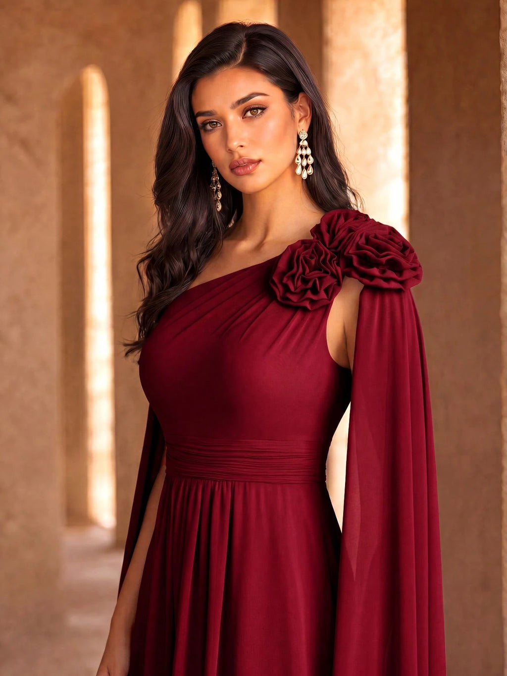 SUPGIR Asymmetrical Neck Floral Decor Extra Long Draped Waist Pleat Chiffon Dress, Bridesmaid Dress Wedding - image 5