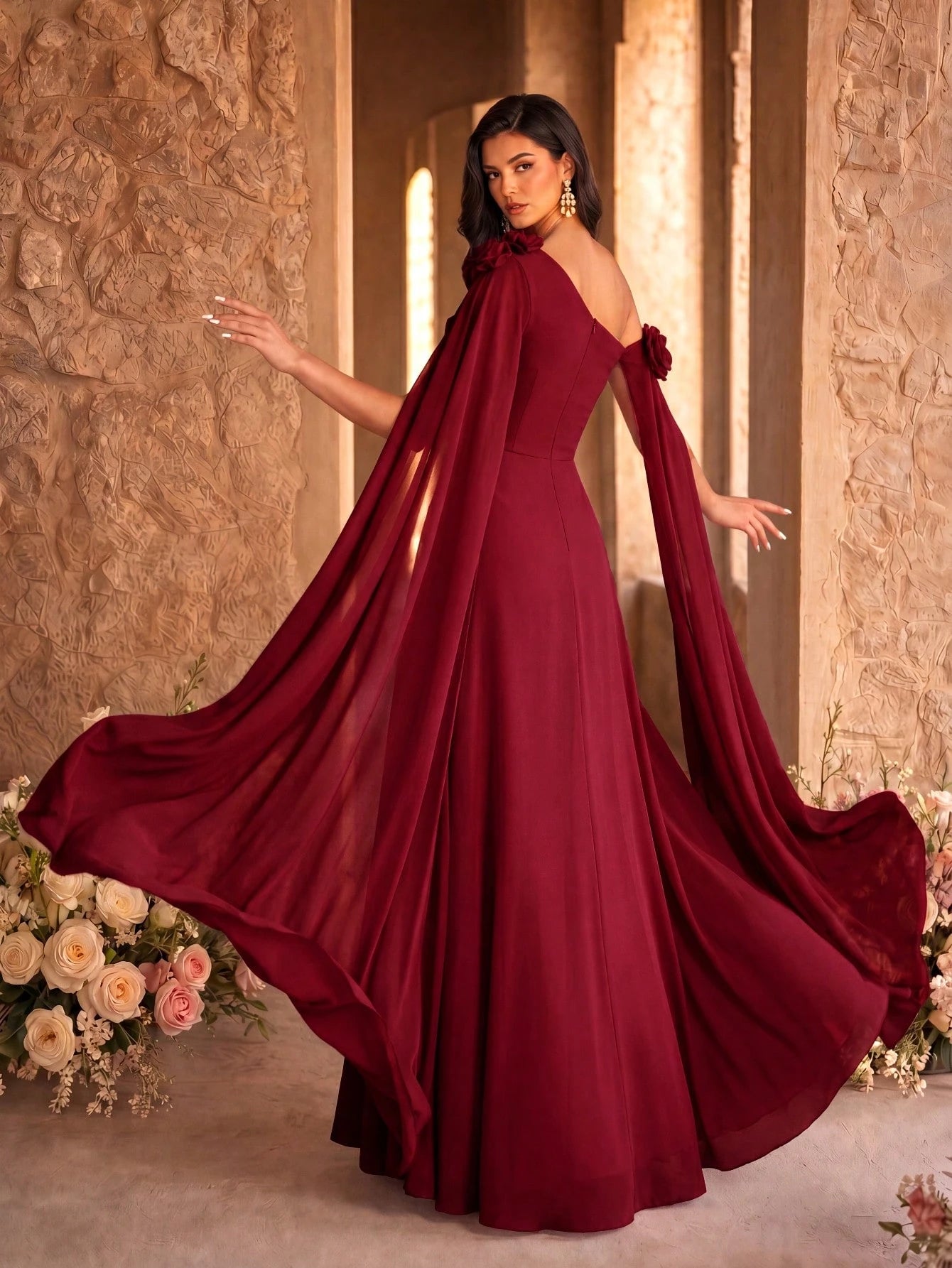 SUPGIR Asymmetrical Neck Floral Decor Long Flounce Waist Maxi Chiffon Dress, Bridesmaid Dress Wedding Elegant - image 19